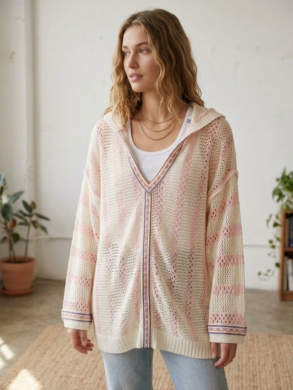 POL Open-Knit Hooded Sweater in Pastel Pink and Cream